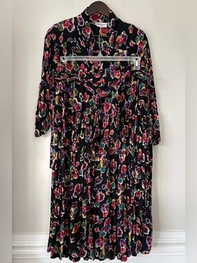Vintage Rayon Two Piece Set Skirt 22W Jacket 20W Floral Black 90s Silvercord